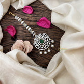 Vriksham Antique Royal Peacock AD Stone Maang Tikka-Green-Pearl-G19514